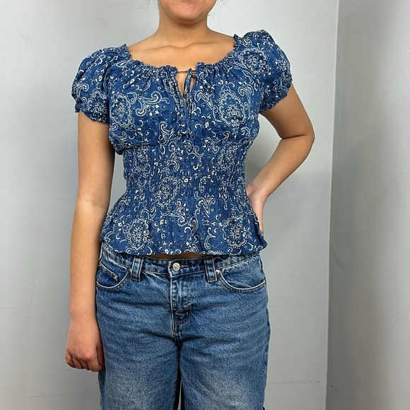 LRL Lauren Ralph Lauren Y2K Blue Paisley Smocked Peasant Top Sz S/M - Picture 10 of 10